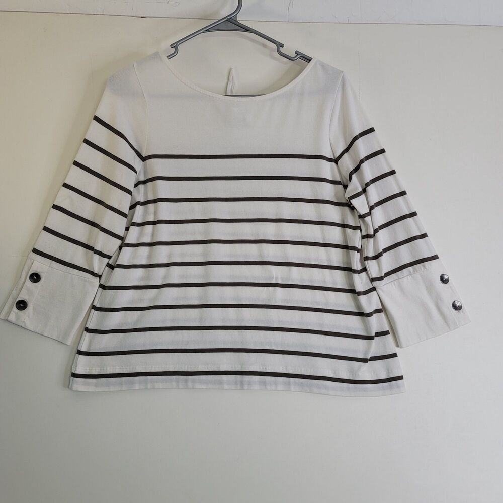 J.Jill Black Striped Knit Tie-Back Top M Petite 3/4 Sleeve Cotton Blend Shirt